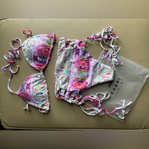 Boho Chic High Waisted Cut Out Side Tie Beaded Tassels Cheeky Bikini Bottom NWT - Picture 10 of 11